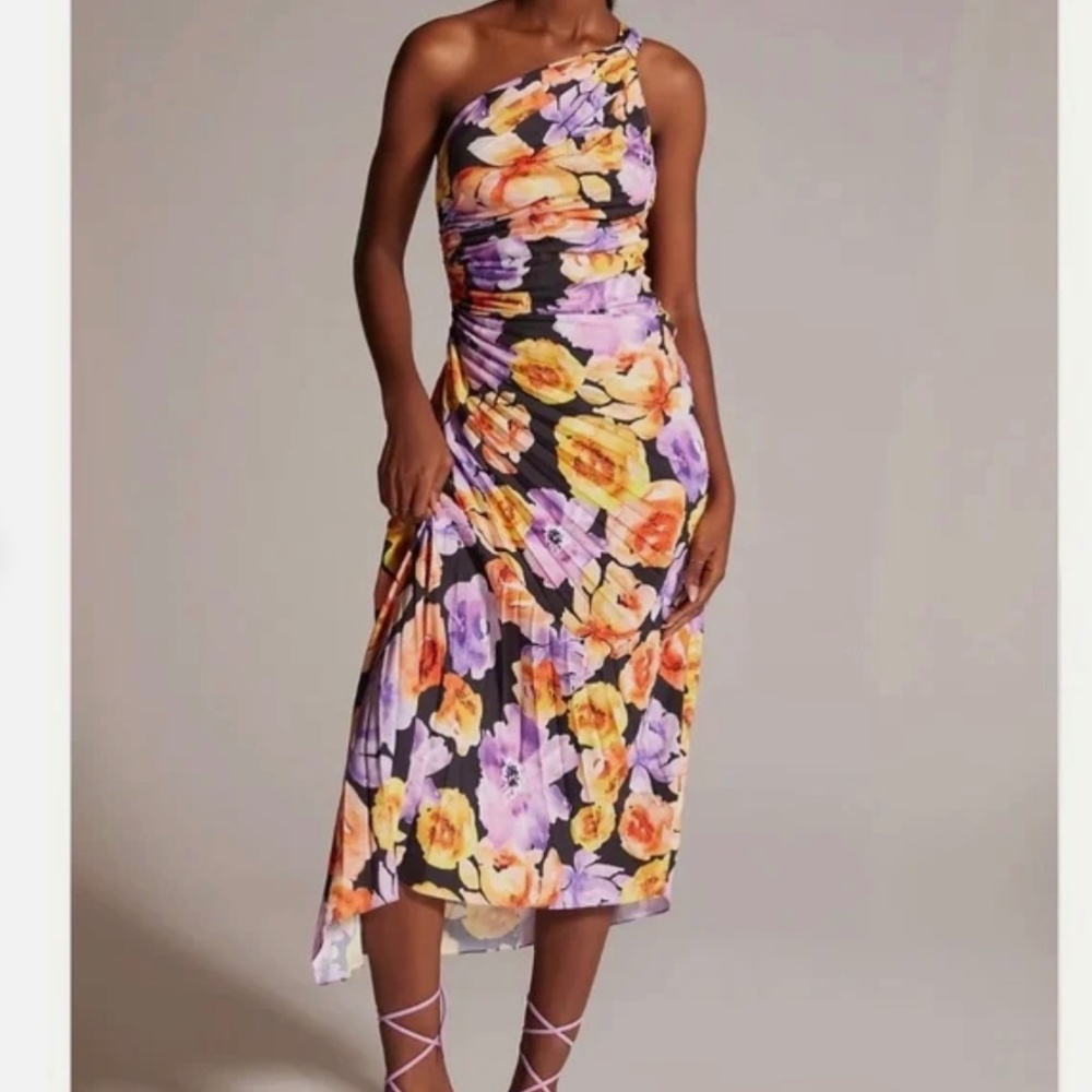 NEW Geisha Designs Anthropologie Asymmetrical Midi Dress PURPLE Black Floral XS